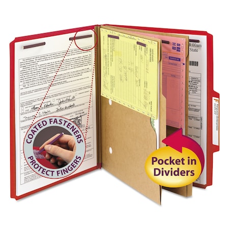 Smead Pressboard Folder, 6 Section, Red, PK10, Expanded Width: 2" 14082